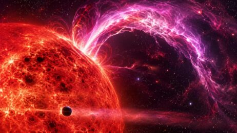 Kosmischer Sonnensturm mit Planetensilhouette