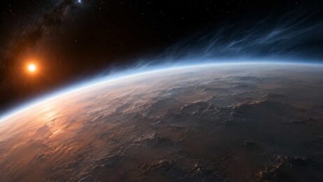 Marsähnlicher Planet im kosmischen Sonnenaufgang
