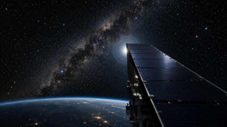 Satellit vor der Milchstraße über der Erde