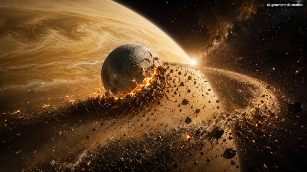 Zerberstender Mond vor Gasriese