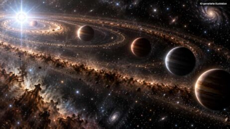 HR 8799: Der fünfte Planet lag drei Jahre lang unentdeckt in öffentlichen Daten Kosmisches Panorama mit leuchtenden Planetenringen