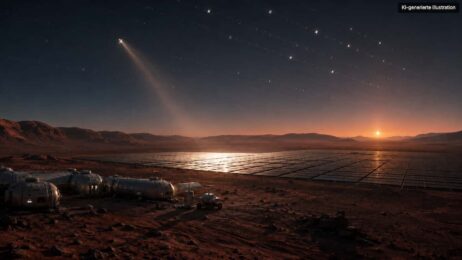 Hunderttausend Spiegel im Marsorbit sollen die Sonne über einer Basis verdoppeln Marskolonie im Abendlicht