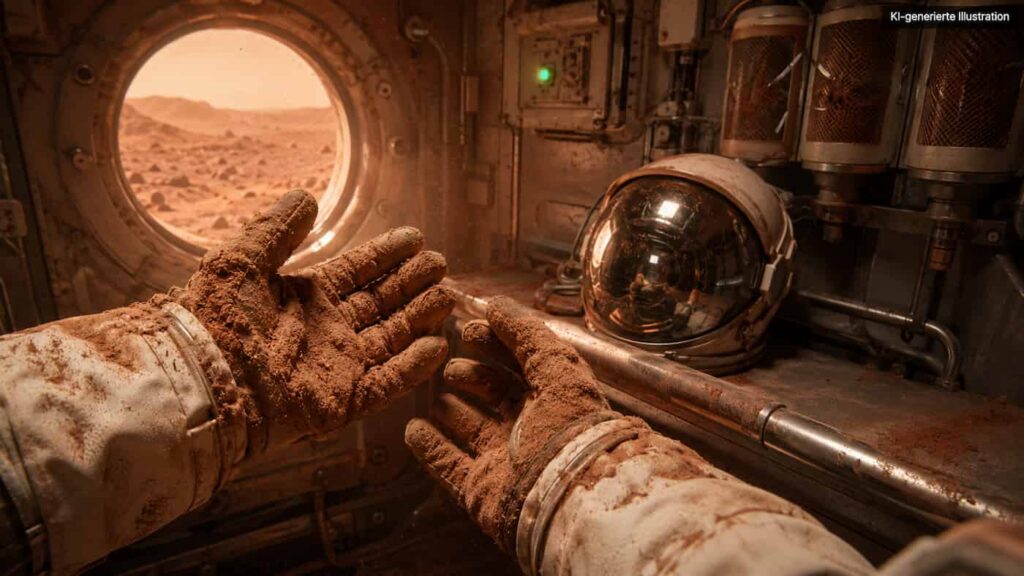 Staubige Marsstation mit Raumanzugerhandschuhen