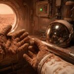 Staubige Marsstation mit Raumanzugerhandschuhen