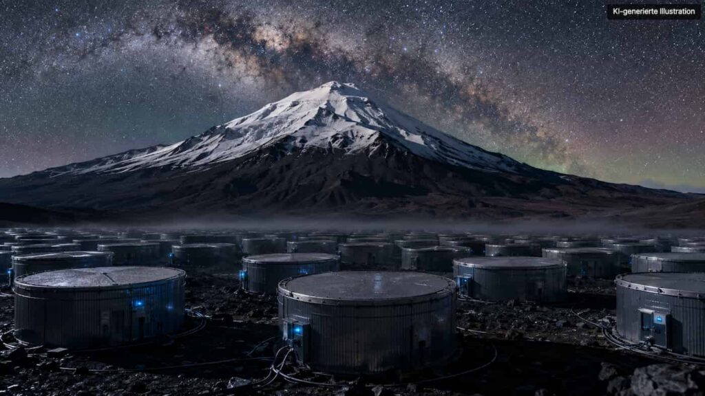 Sternenobservatorium vor verschneitem Vulkan