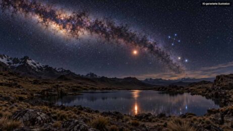 Mysteriöser Lichtpunkt über dem stillen Bergsee