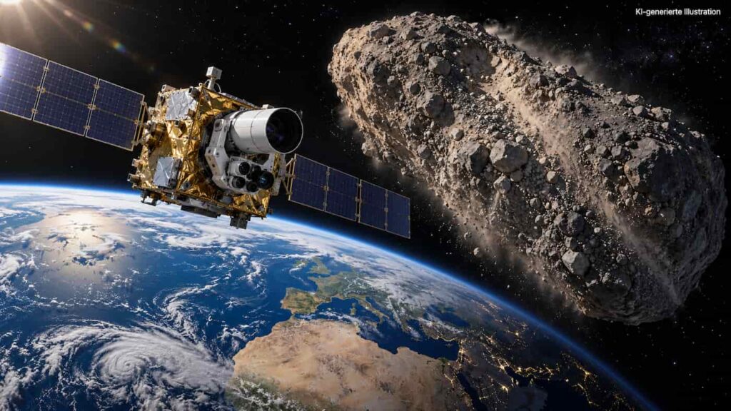 Satellit vor Apophis und der Erde