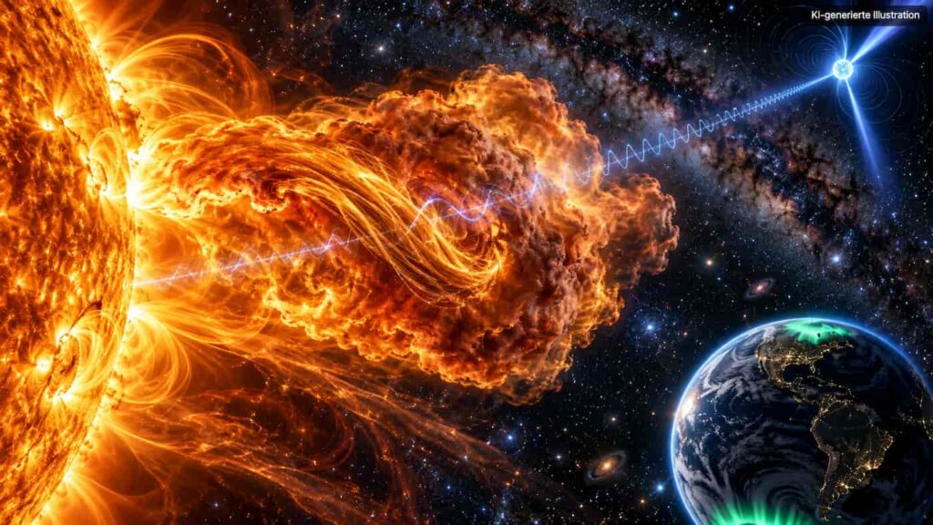 Sonneneruption zwischen Pulsar und Erde