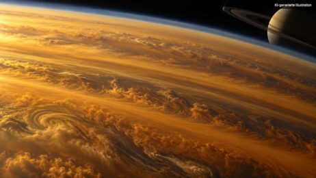 Plötzlich ein Drittel schneller: Titans Höhenwinde geben den Klimamodellen Rätsel auf Titan im goldenen Dunst vor Saturn
